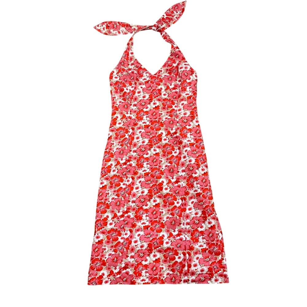 Ann Taylor Pink, Red Floral Tie Halter Dress, Cotton, Lined, Resort, Coquette, 2